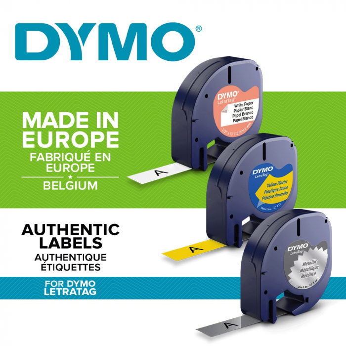 Dymo LetraTag 100H Plus Black Edition Set, labeling machine, ABC and 4 original Dymo tapes, 2 x white paper, 1 x yellow plastic and 1 x silver metallic-big