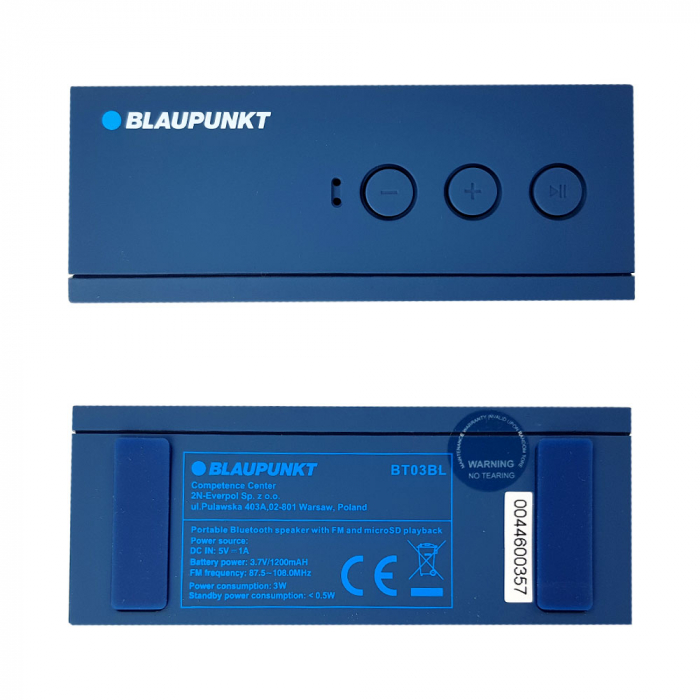 Boxa portabila Blaupunkt BT03BL Bluetooth, 3W, autonomie 7 ore, FM, slot microSD card, cablu incarcare microUSB/USB, cablu conectare Jack 3.5 mm, albastru-big