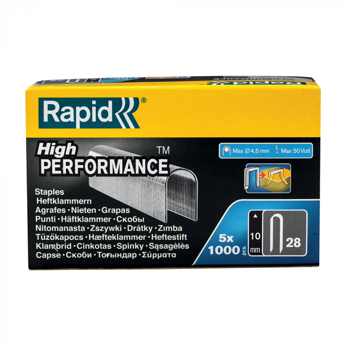 Capse albe Rapid 28/10 mm pentru cabluri, High Performance, galvanizate, semicirculare, divergente, 1000 capse/cutie 11893511-big