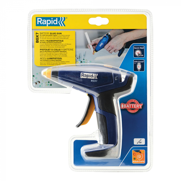 Pistol de lipit Rapid BGX7 cordless, batoane silicon 7mm, timp incalzire 20 secunde, debit 150 g/ora, incarcator micro-USB inclus, 5001401 [17]