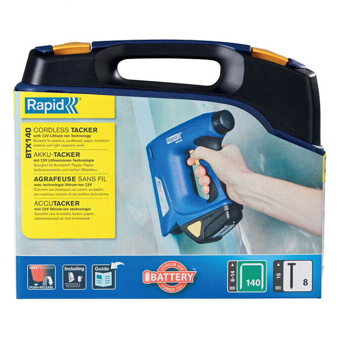 Rapid BTX140 Li-Ion Cordless Staple Gun kit, for packaging, for staples and brads, Adjustable Power control, Safety nose, Dual magazine, staple Rapid 140/6-14mm, brads Rapid 8/15mm 5001387-big