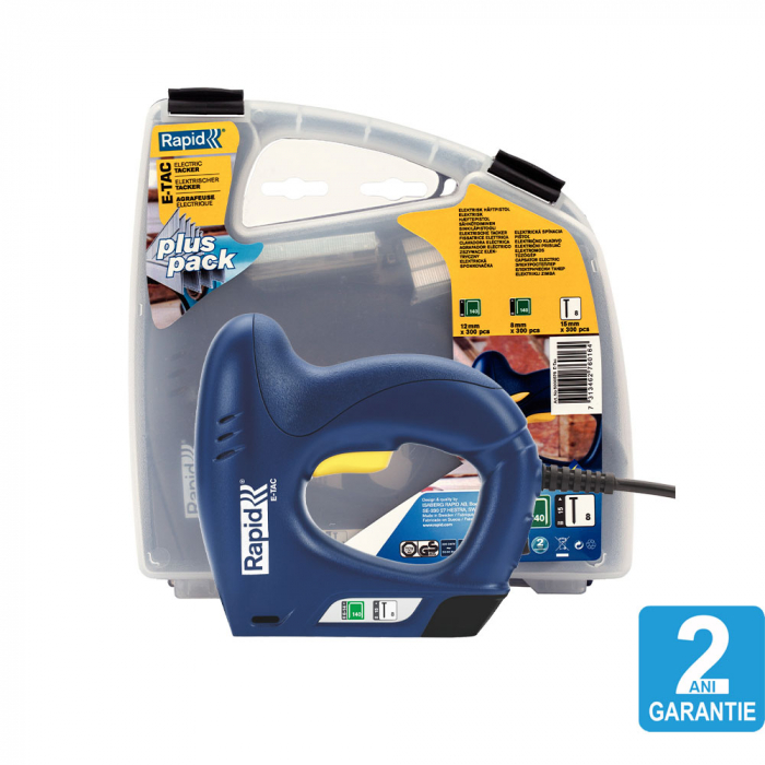 Capsator electric Rapid E-TAC pentru capse si cuie kit cu servieta pentru ambalaje,magazie duala,capse 140/6-14mm,cuie 8/15mm,include capse 140/8 (300 buc),140/12 (300 buc),cuie 8/15 (300 buc) 5000576-big