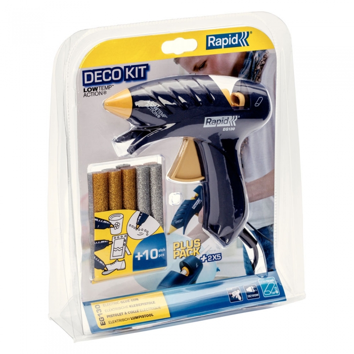 Rapid EG130 Low Temp glue gun Deko Kit, 5 silver & 5 gold glue sticks included, 130⁰C, 100W, output 80 g/h, 5000445 [22]