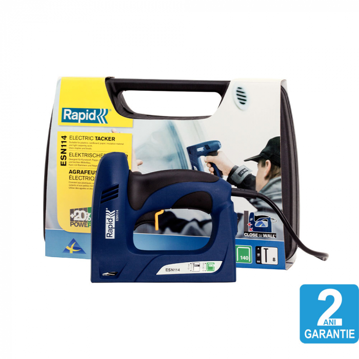Rapid ESN114 Electric Staple and Nail Gun briefcase kit, packaging, staple close to a wall, dual magazine, staples 140/6-14mm, nails 8/15mm 5000131-big