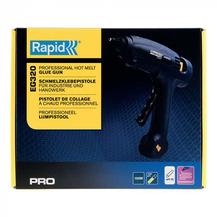Rapid Hot Melt Glue Gun EG320 PRO multi-purpose, glue stick 12mm diameter, 120W, Temperature setting 195°C self-regulated, 1000 g/h output, exchangeable nozzle, 4 finger trigger action,5000326-big
