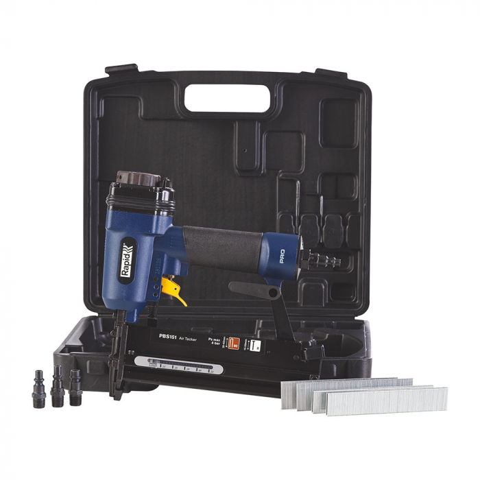 Masina de batut capse/cuie duala Rapid PBS151 kit, pneumatica, capse 90/20-40mm, cuie 8/15-50mm, include 200 capse 90/25mm, 200 cuie 8/25, cheie hexagonala, 3 reductii furtun aer comprimat,5000103 [9]