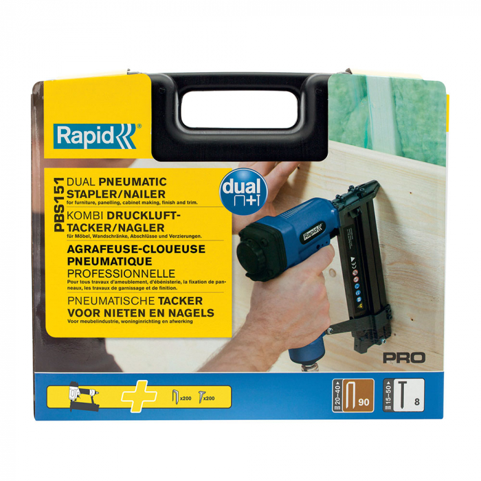 Masina de batut capse/cuie duala Rapid PBS151 kit, pneumatica, capse 90/20-40mm, cuie 8/15-50mm, include 200 capse 90/25mm, 200 cuie 8/25, cheie hexagonala, 3 reductii furtun aer comprimat,5000103 [13]