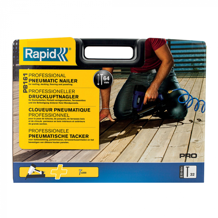 Rapid PRO PB161 Pneumatic nailer kit, nails 32/32-64mm, 34⁰ angled magazine, sequential actuation trigger, 360° adjustable air exhaust, hex wrench, 3 pneumatic fittings, 300 nails 32/50mm, 5000104-big