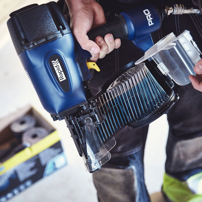 Rapid PRO PCN90 Pneumatic nailer kit, nails 50/50-90mm, high capacity, sequential actuation trigger, 360° adjustable air exhaust, Anti-slide pad, Debris shield device, Belt hook, 5000792-big