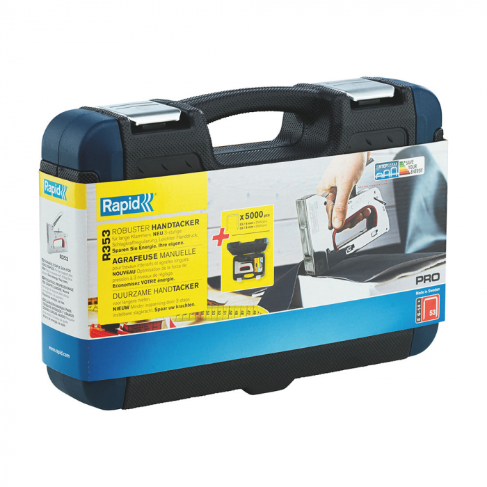 Rapid PRO R353E staple gun kit with briefcase + 5000 staples, 3-steps force adjuster, staples 53/6-14 mm, 5 year guarantee, made in Sweden, 5001380-big
