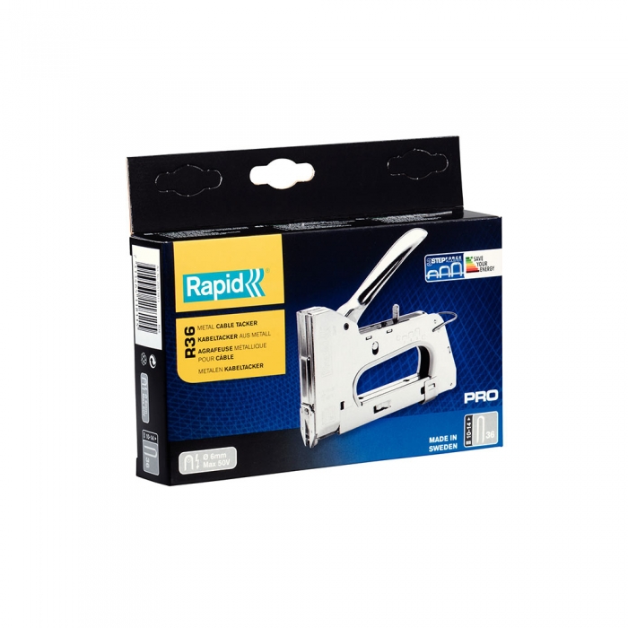 Rapid PRO R36E Staple Gun CableRapid PRO 36E staple gun cables, semi-round staples “U” 36/10-14 mm, 3-steps force adjuster, cable diameter 6 mm, low voltage, 5 year guarantee, made In Sweden 20511811 [13]