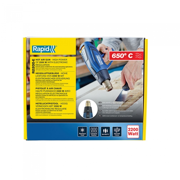 Pistol cu aer cald Rapid R2200-E, incalzitor ceramic, reglare electronica a puterii, putere 2200 W, debit 500 l/min, reglare debit aer in 3 trepte, temperatura 60°C/650°C, 2 ani garantie, 5001343 [15]