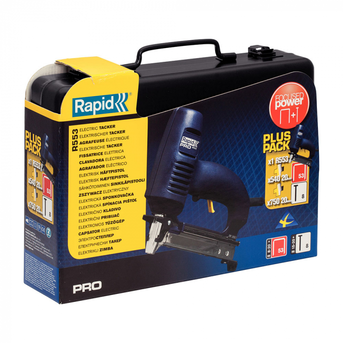Rapid R553 Electric Staple and Nail Gun metallic briefcase kit for upholstery, Adjustable impact setting, Safety trigger, Dual magazine, staples 53/8-20mm, nails 8/15-20mm 10642912-big
