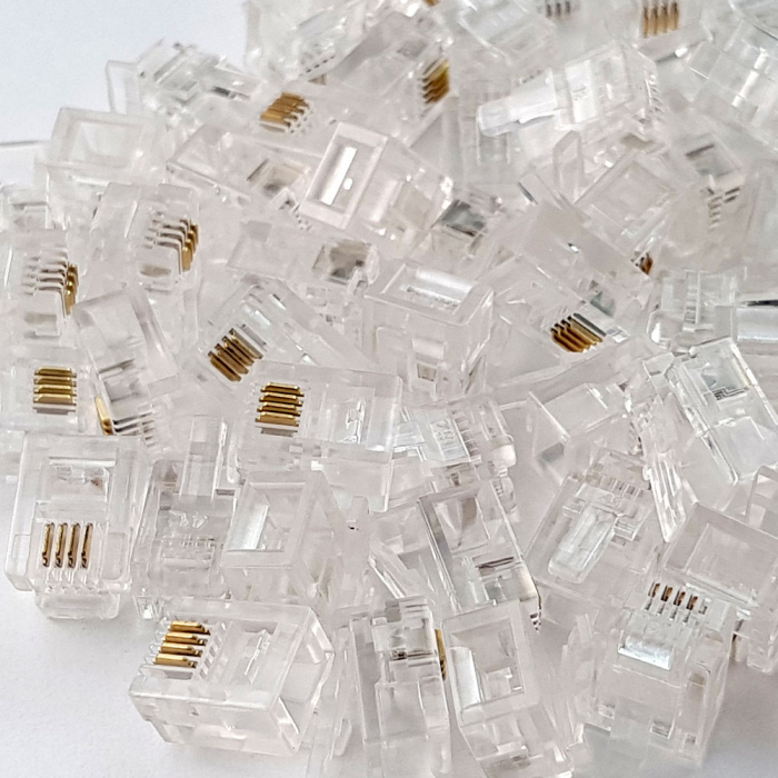 Mufa modulara telefon RJ11 sertizare 6 pini 4 contacte pentru crimpare, transparenta, tata, PVC, 100buc/punga-big
