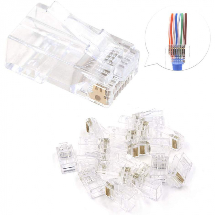 Mufa modulara RJ45 sertizare 8 pini 8 contacte Pass-through CAT6, contacte aurite, pentru crimpare, PVC transparent, tip tata, 100 buc/set [3]