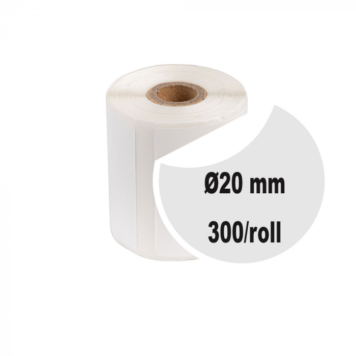 Etichete termice universale rotunde Ø20 mm, plastic alb, permanente, 1 rola, 300 etichete/rola, pentru imprimanta M110 si M200-big