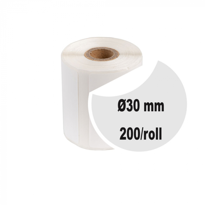 Etichete termice universale rotunde Ø30 mm, plastic alb, permanente, 1 rola, 200 etichete/rola, pentru imprimanta M110 si M200-big