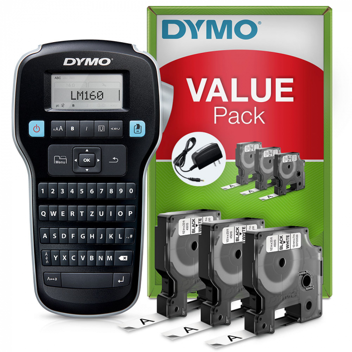Start kit DYMO LabelManager 160 aparat etichetat cu 3 x Banda originala DYMO D1 12mm x 7m negru/alb si 1 x Adaptor la retea S0946320 S0720530 [2]