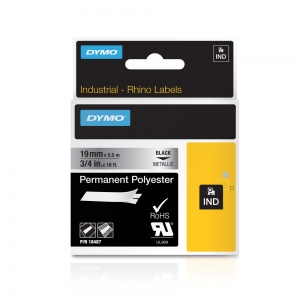 Etichete industriale autocolante, DYMO ID1, poliester permanent, 19mm x 5.5m, negru/argintiu metalizat, 18487 S07182005