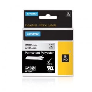 Etichete industriale autocolante, DYMO ID1, poliester permanent, 19mm x 5.5m, negru/transparent, 6222905