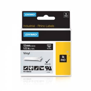 DYMO industrial, All purpose vinyl labels, 12mm x 5.5m, white on black, 18054356
