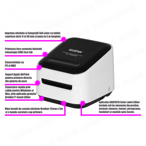 Brother VC-500W Versatile Compact Color Label and Photo, Wireless or USB connection, ZINK Zero Ink full color printing technology, 313 DPI, free applications for Windows, MacOS, Android or iOS9