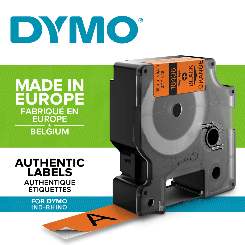 DYMO industrial, All purpose vinyl labels, 19mm x 5.5m, black on orange, 18436 S07185001