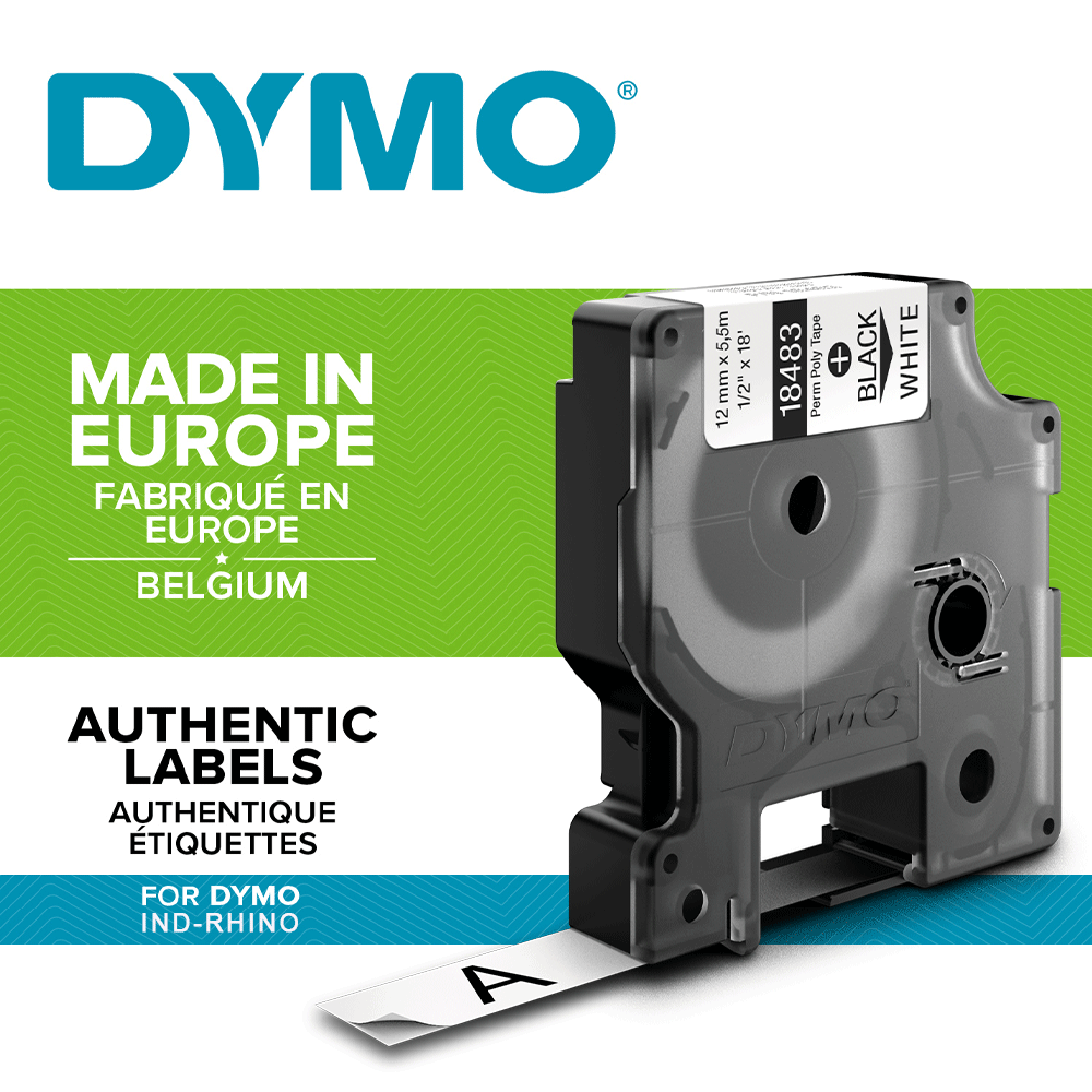 Etichete industriale autocolante, DYMO ID1, poliester permanent, 12mm x 5.5m, negru/alb, 18483 S07182101
