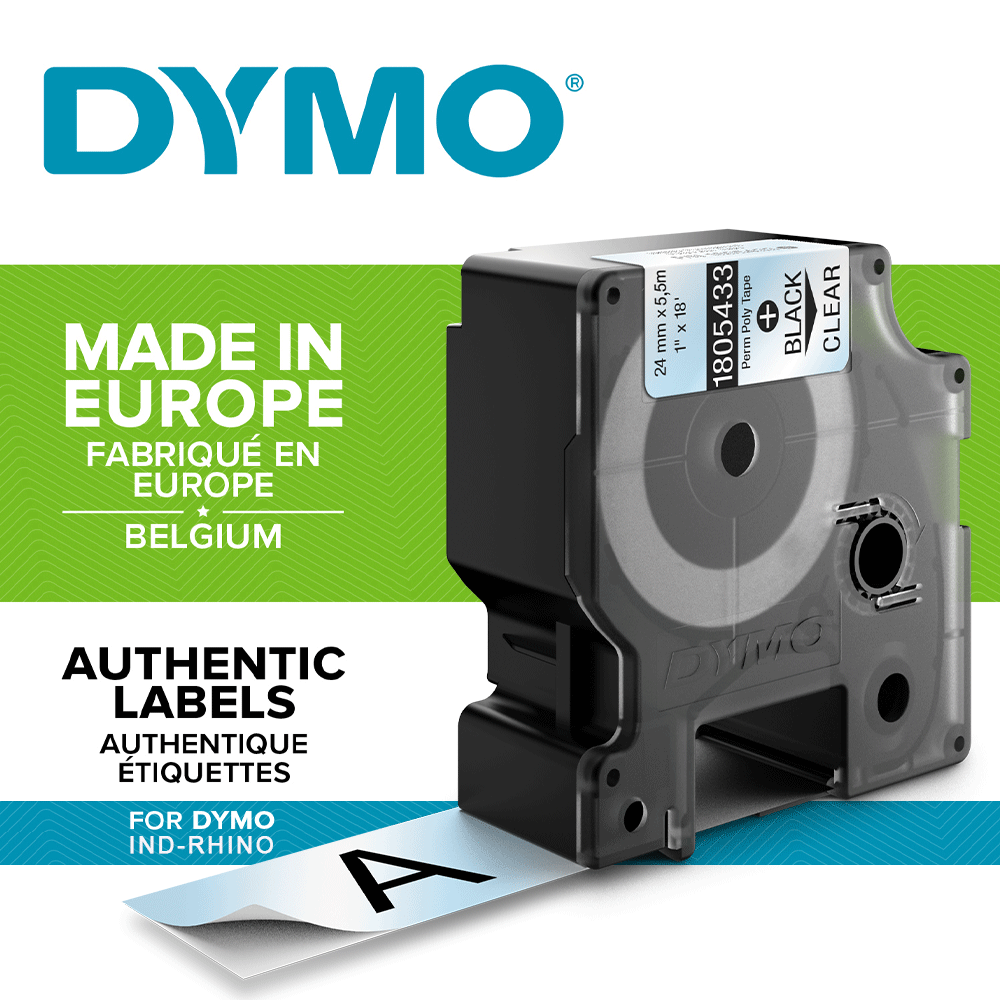Etichete industriale autocolante, DYMO ID1, poliester permanent, 24mm x 5.5m, negru/transparent, 18054331