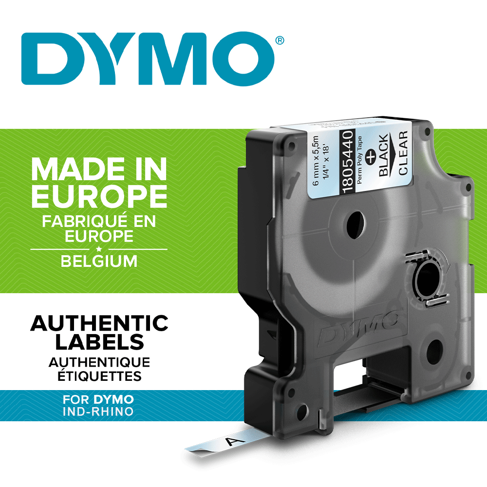 Etichete industriale autocolante, DYMO ID1, poliester permanent, 6mm x 5.5m, negru/transparent, 18054401