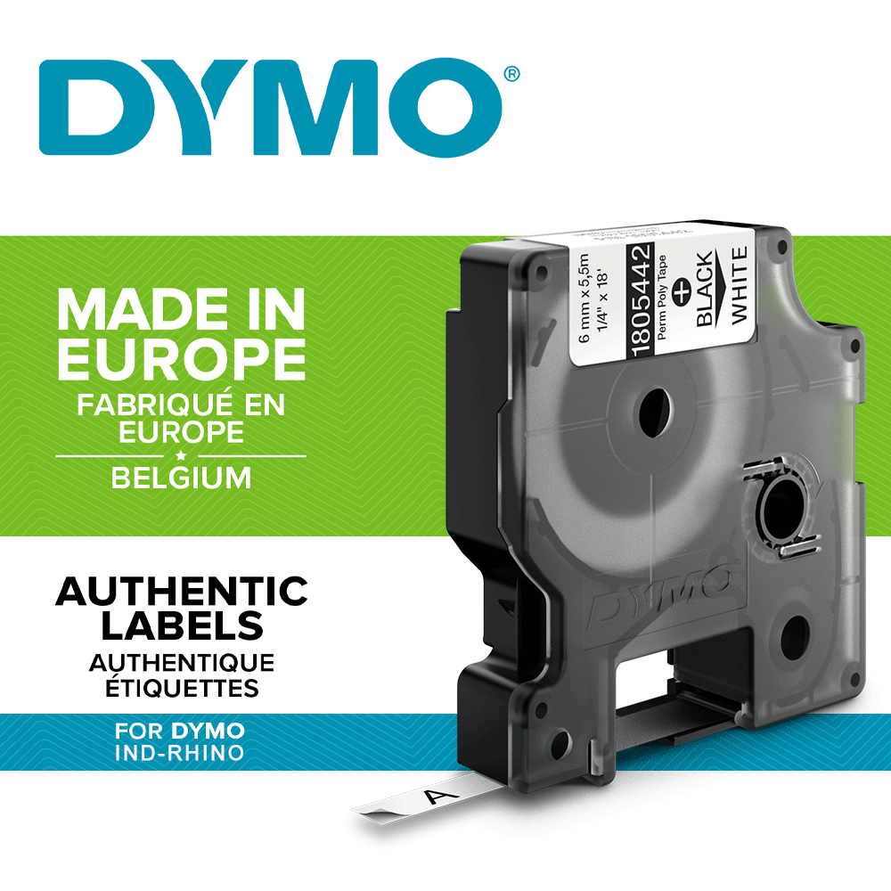 Etichete industriale autocolante, DYMO ID1, poliester permanent, 6mm x 5.5m, negru/alb, 18054421