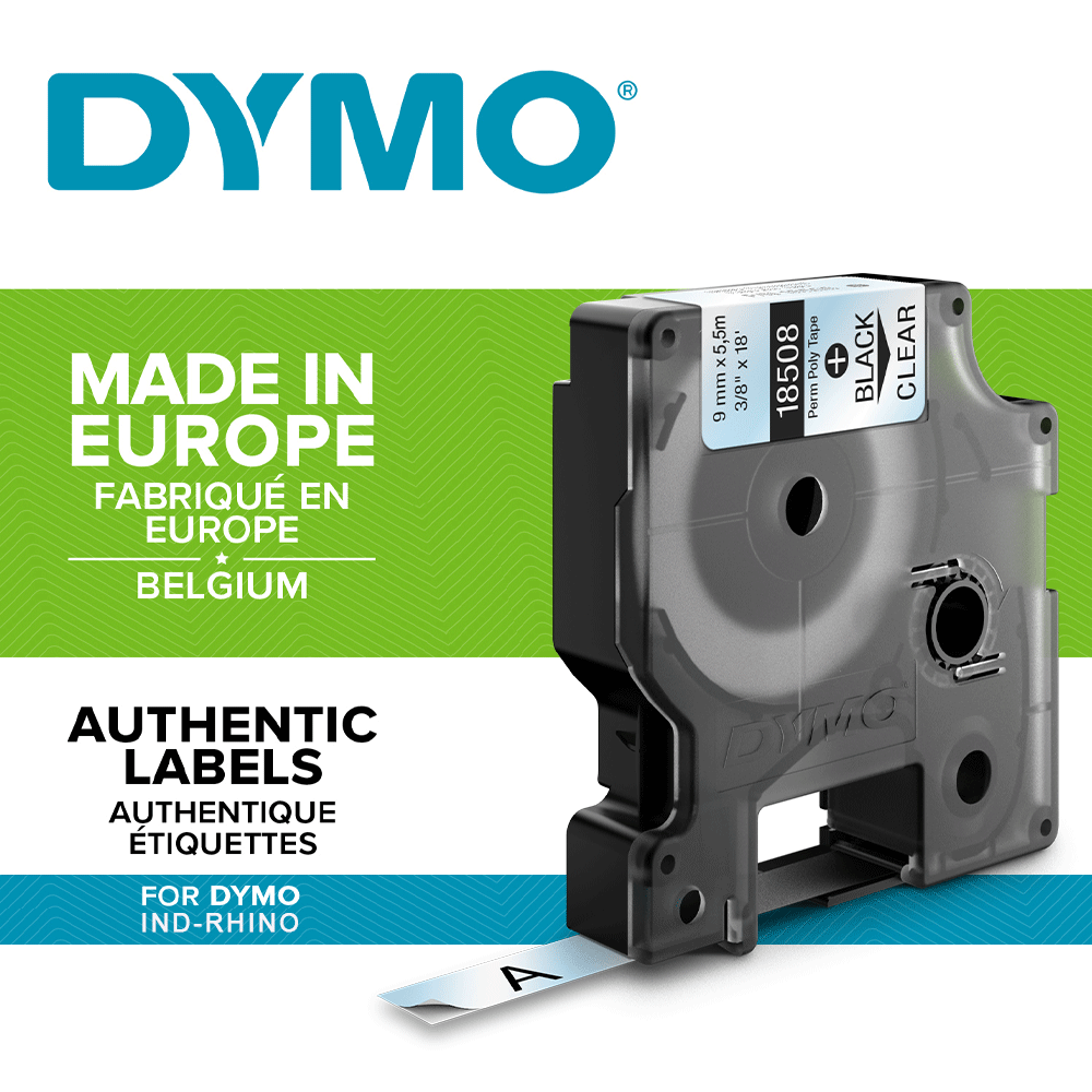 Etichete industriale autocolante, DYMO ID1, poliester permanent, 9mm x 5.5m, negru/transparent, 18508DMO1