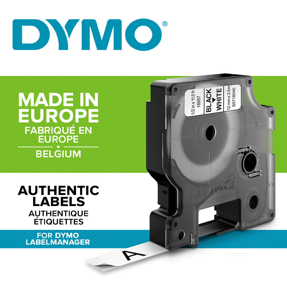 DYMO LabelManager D1 flexible nylon labels, 12mm x 3.5m, black on white, 16957 S0718040 S07180501