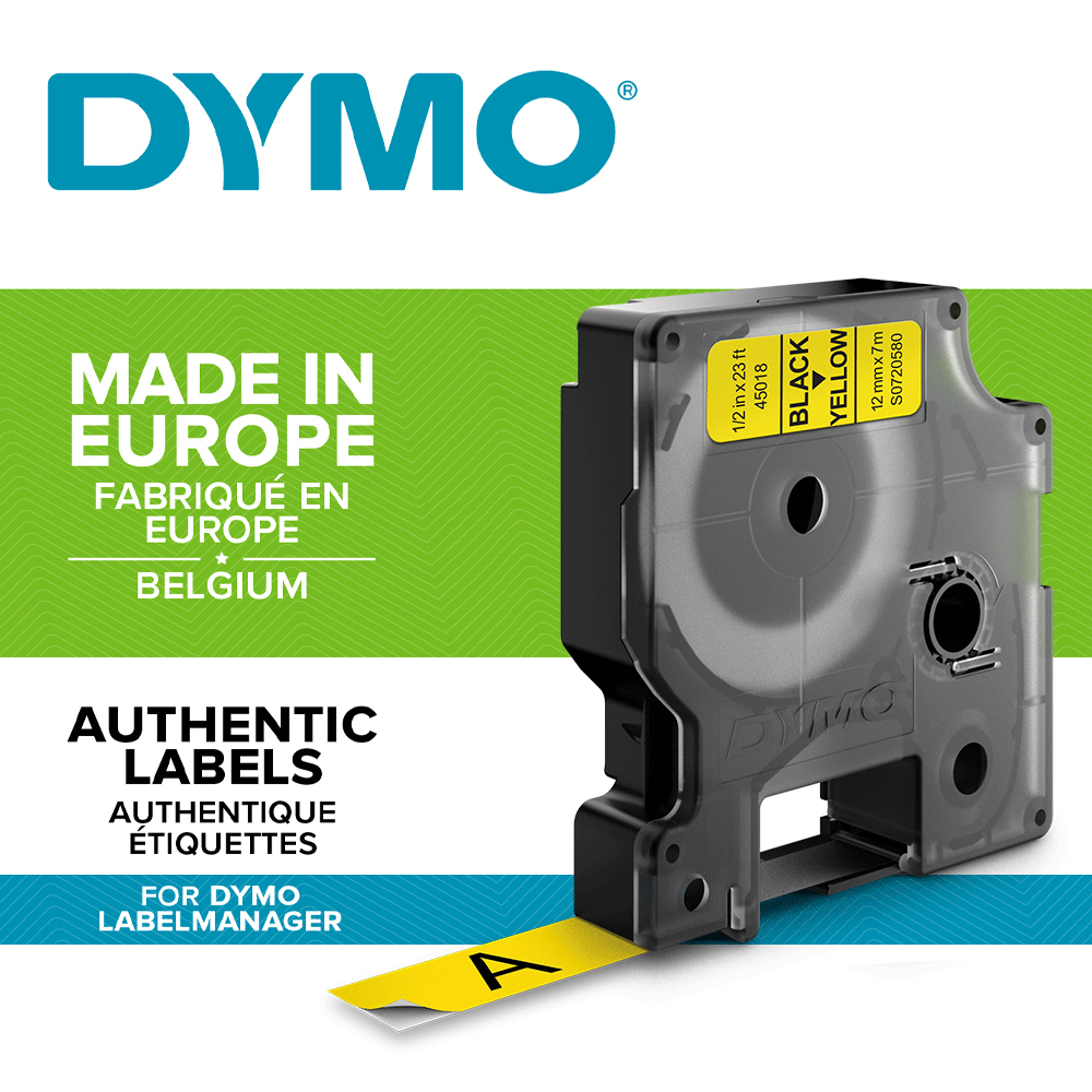 Etichete autocolante, DYMO LabelManager D1, 12mm x 7m, negru/galben, 45018, S07205801