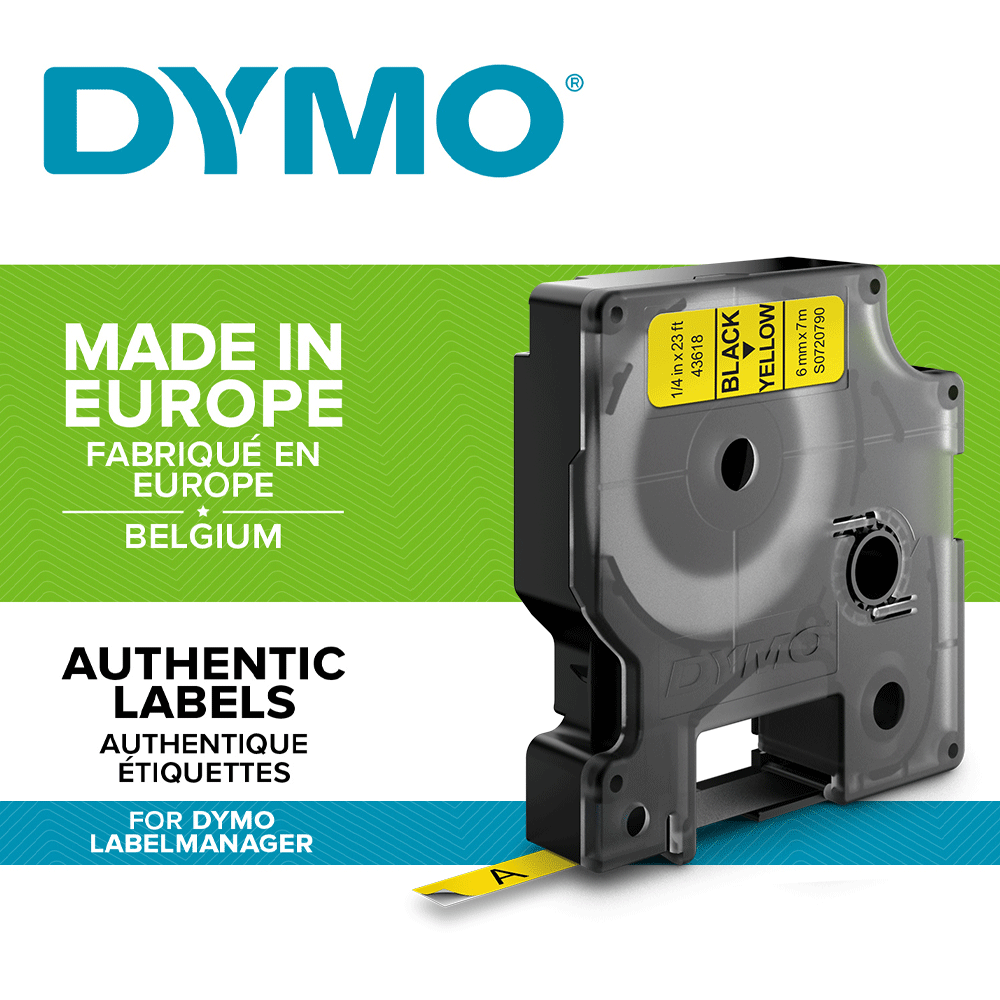 Etichete autocolante, DYMO LabelManager D1, 6mm x 7m, negru/galben, 43618, S07207901