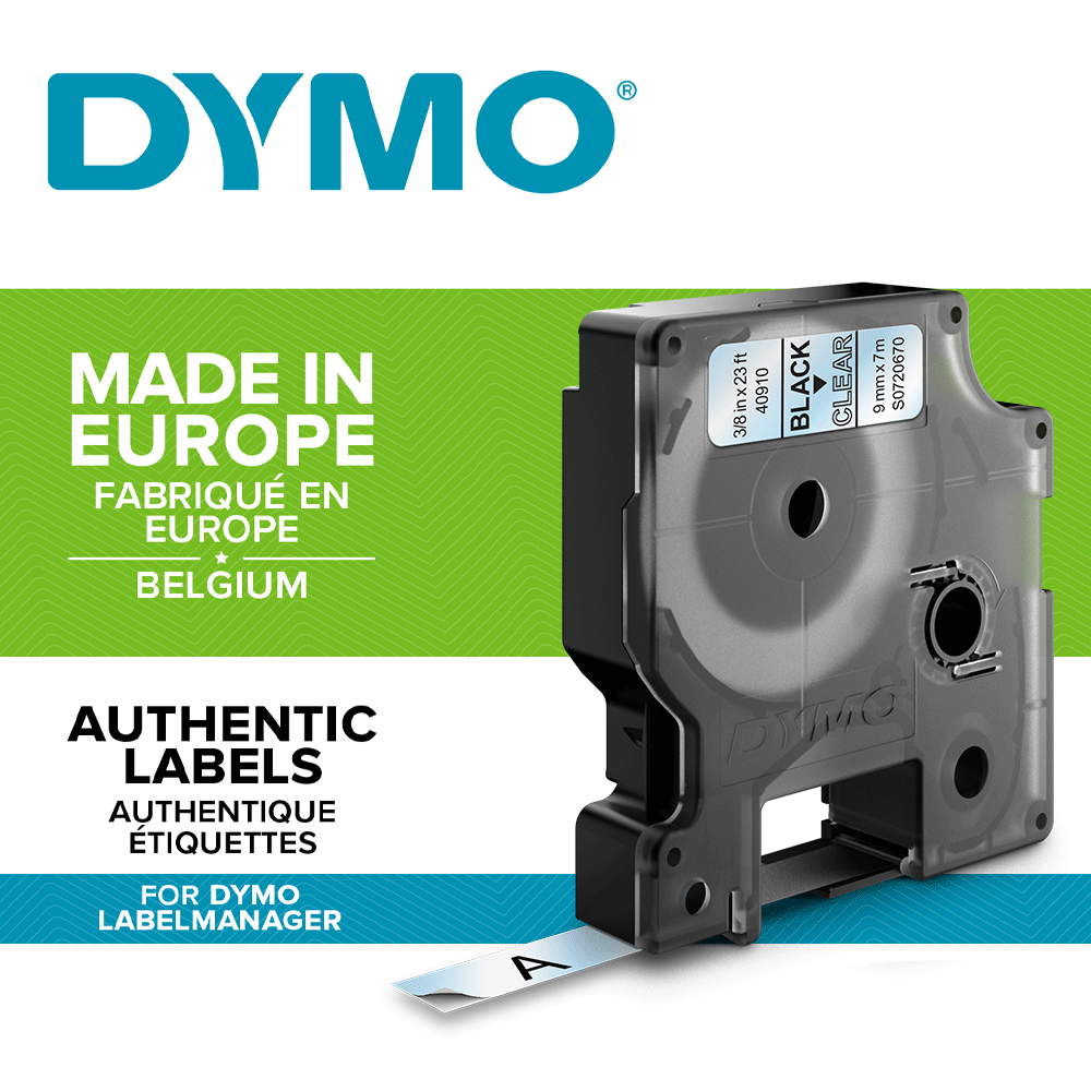Etichete autocolante, DYMO LabelManager D1, 9mm x 7m, negru/transparent, 40910, S07206701