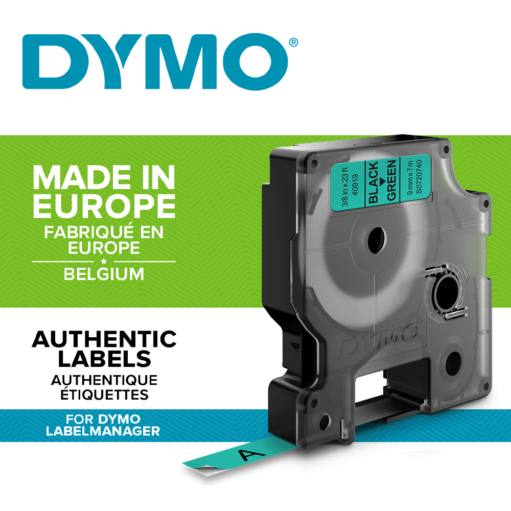 Etichete autocolante, DYMO LabelManager D1, 9mm x 7m, negru/verde, 40919, S07207401