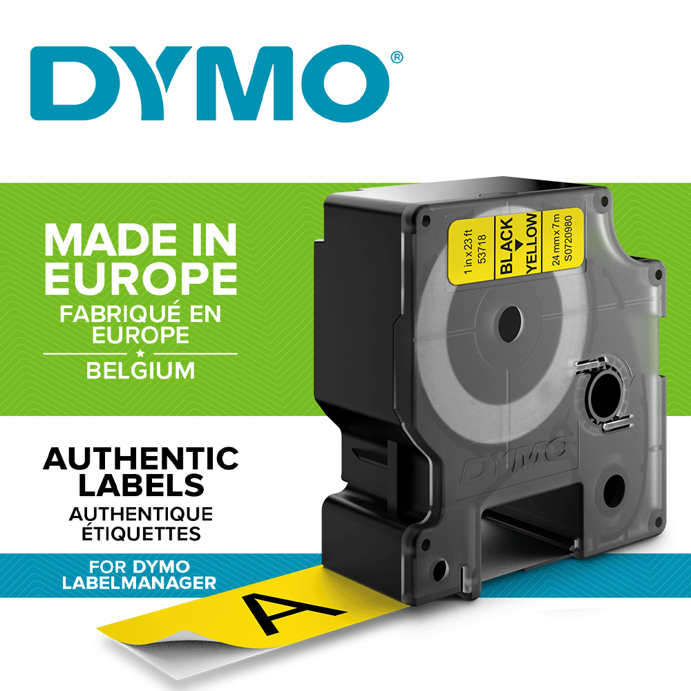 Etichete autocolante plastifiate, DYMO LabelManager D1, 24mm x 7m, negru/galben, 53718 S07209801