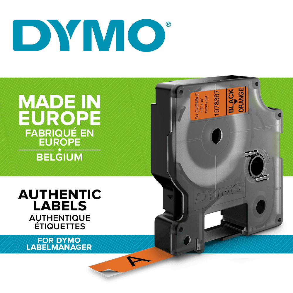 DYMO D1 Durable Industrial Tape labels 12mm x 3m, black/orange 19783671