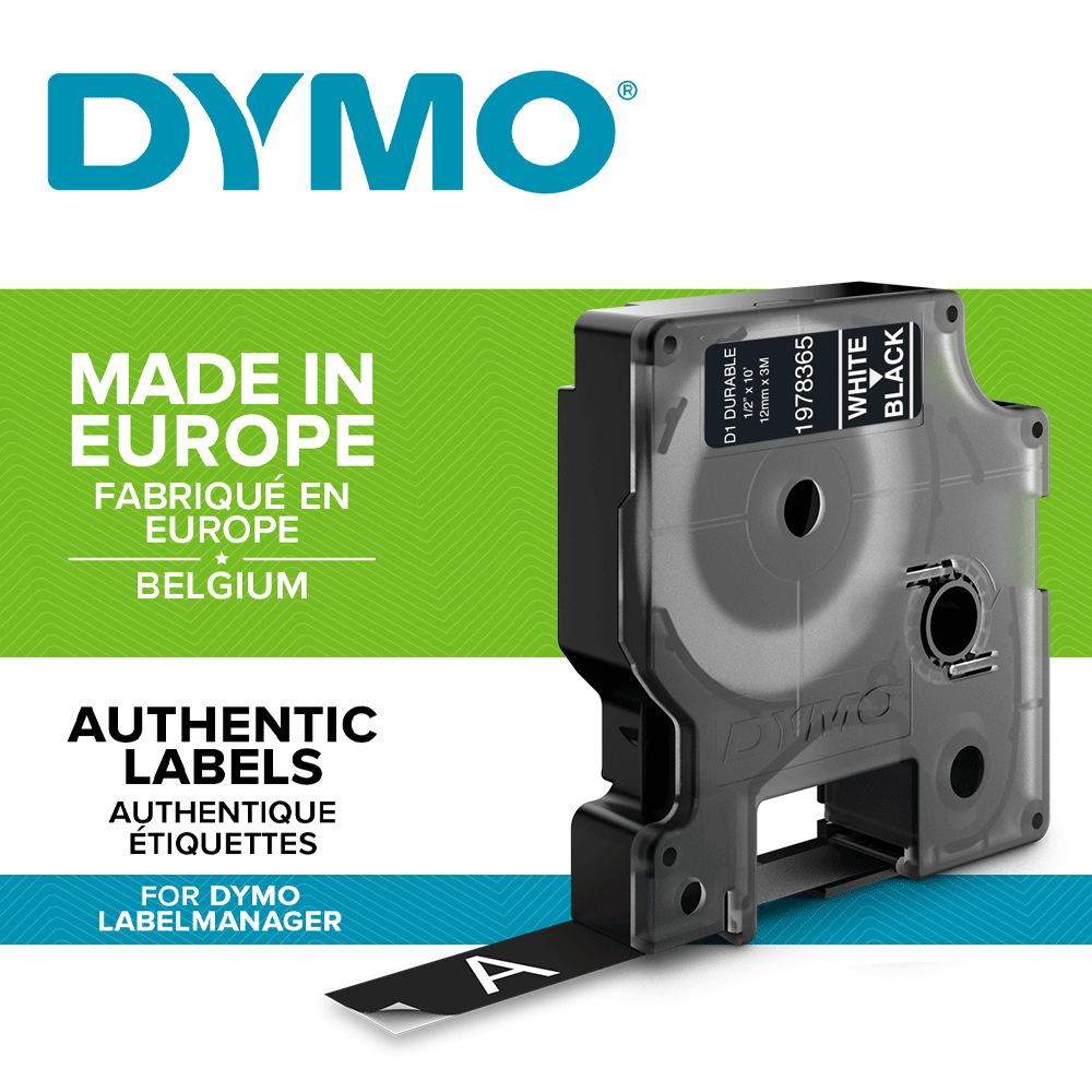 DYMO D1 Durable Industrial Tape labels 12mm x 3m, white/black 19783651