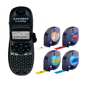 Imprimante etichete Letratag - Set Imprimanta termica portabila DYMO LetraTag LT-100H Black Edition ABC si 3 benzi originale DYMO rosu galben si albastru