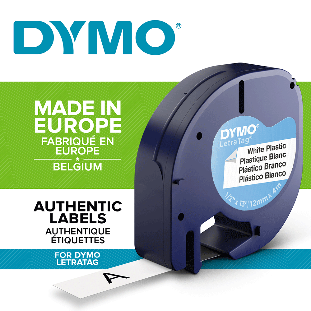 DYMO LetraTag Original labels white, plastic, 12mm x 4m, black/white, 91221, S072156015