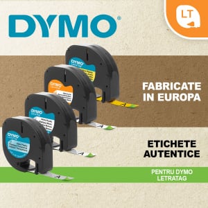 DYMO LetraTag plastic galbene, etichete originale, 12mm x 4m, 91202, S07216208