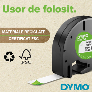 DYMO LetraTag plastic verzi, etichete originale, 12mm x 4m, 91204, S07216402