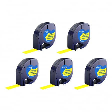 Etichete LetraTag - Set 5 Etichete plastic galben 12mm x 4m compatibile Dymo Letratag 91200  S0721510, functioneaza si cu Imprimanta AIMO P12