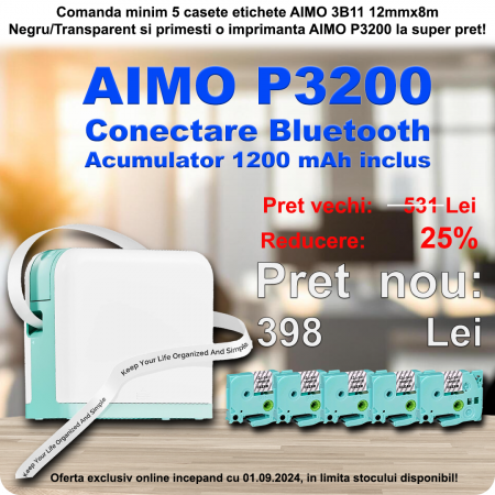 Smartphones ( PC and tablet ) connection printers - Promotional package of 5 label boxes AIMO 3B11 12mmx8m Black/Transparent and AIMO P3200 printer