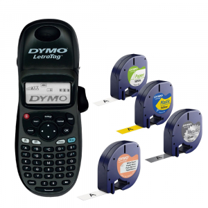 Imprimante etichete Letratag - Set Imprimanta termica portabila DYMO LetraTag LT-100H tastatura ABC si 4 benzi originale DYMO 2 x hartie alba 1 x plastic galben si 1 x metalic argintiu