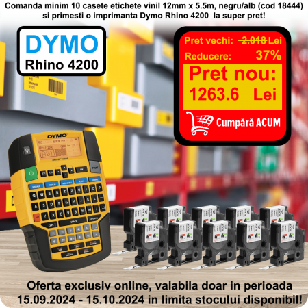 Industrial Printers - Promotional package 10 all purpose vinyl labels 18444 black/white and Dymo Rhino 4200