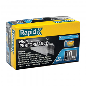 Capse albe Rapid 28/10 mm pentru cabluri, High Performance, galvanizate, semicirculare, divergente, 1000 capse/cutie 1189351110