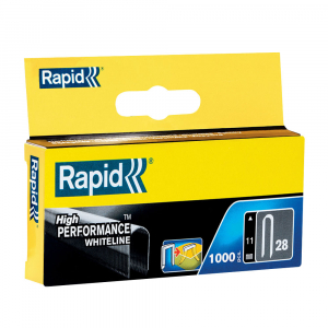 Capse albe Rapid 28/11 mm pentru cabluri, High Performance, galvanizate, semicirculare, divergente, 1000 capse/cutie 118919310